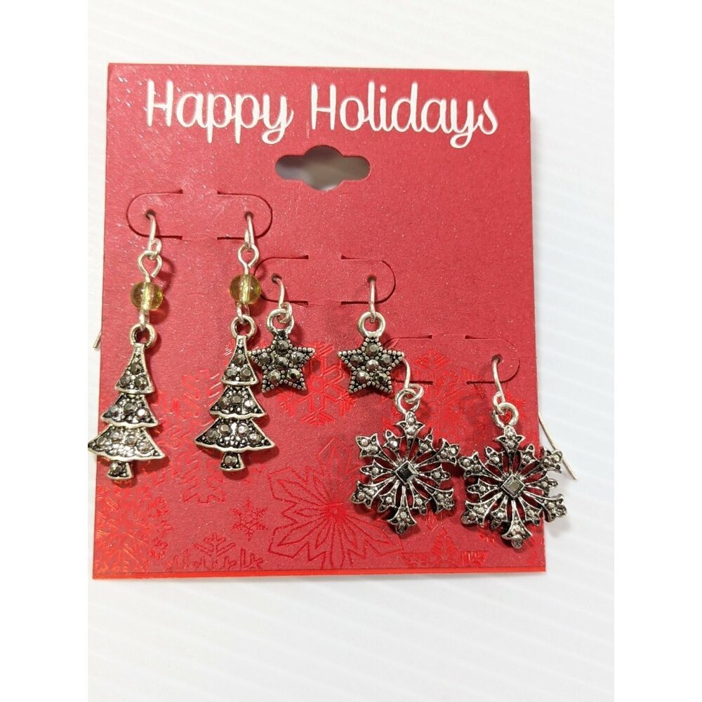 Happy Holidays Set of 3 Silver Tone Christmas Tree Snowflake Star Dangle Earring